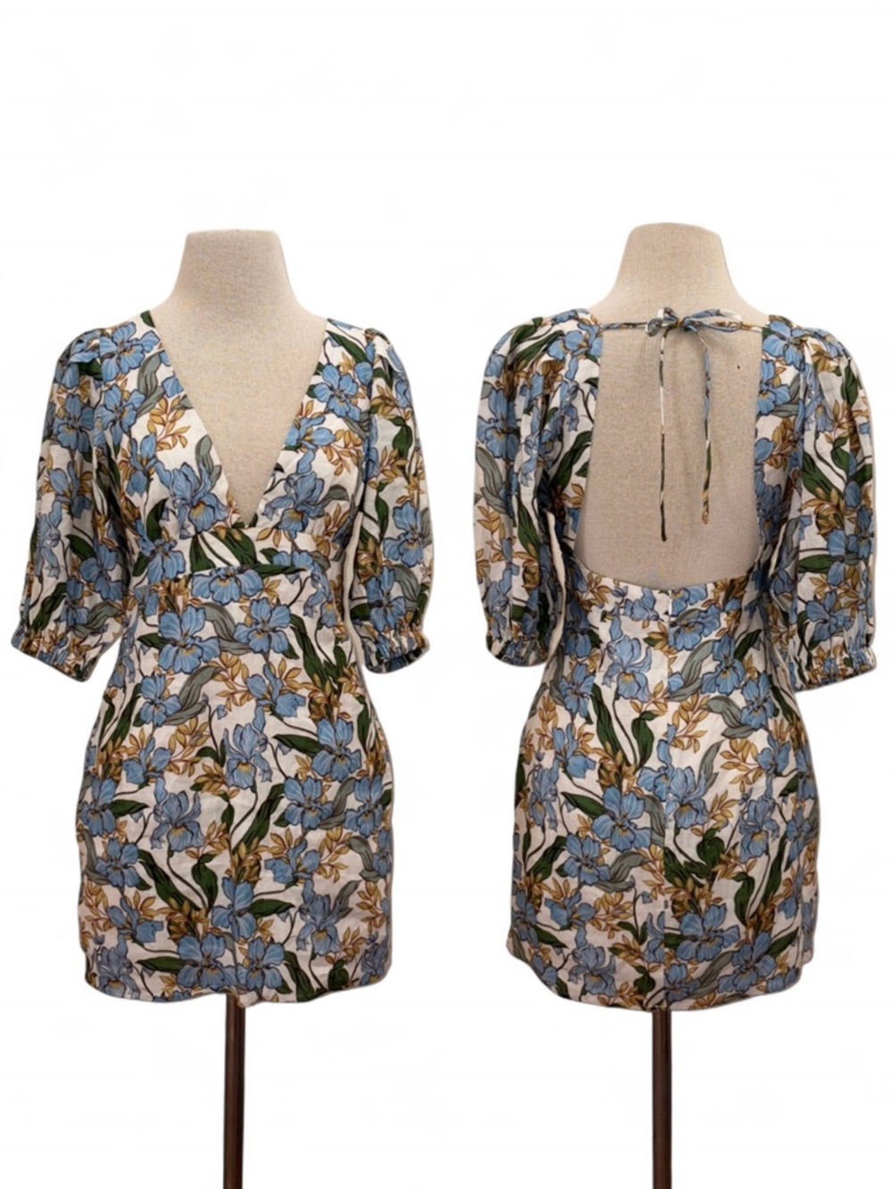 Amalie The Label NEW Indrisia Linen Dress in Iris Floral Small Resort Coastal